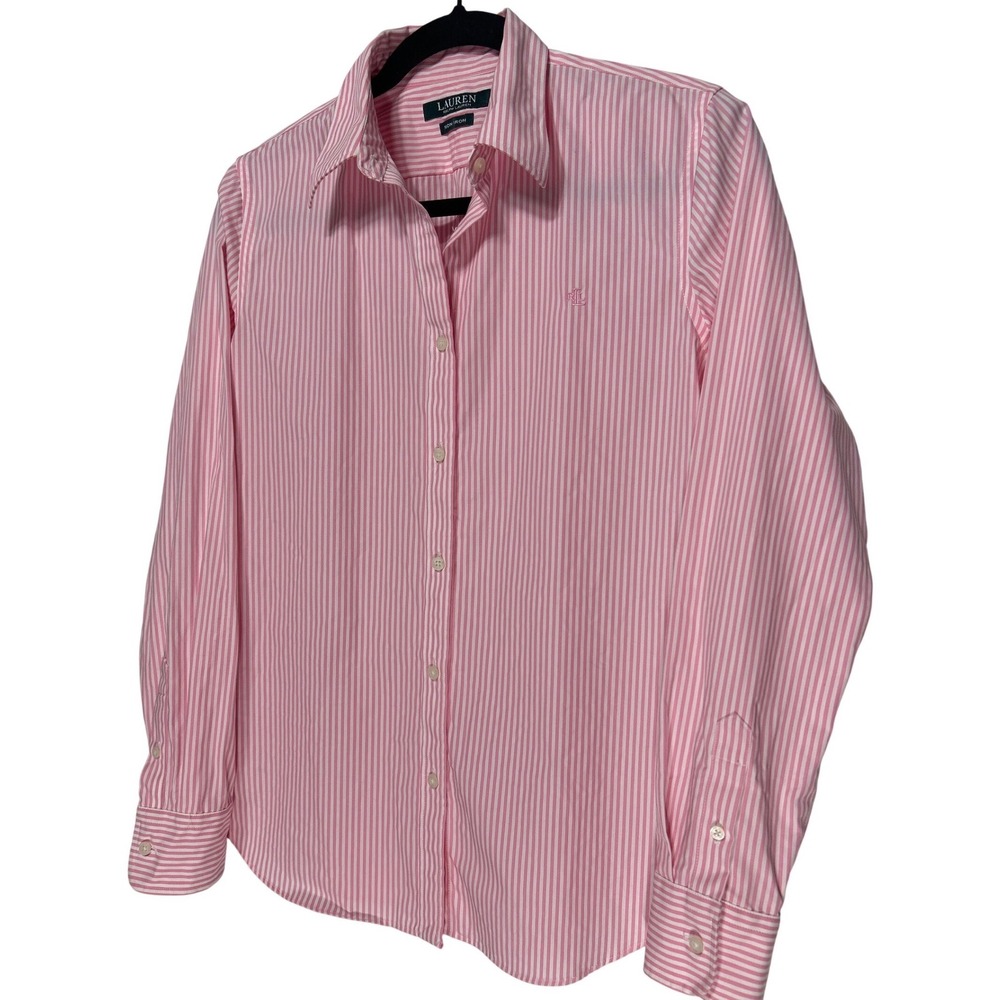 Lauren Ralph Lauren Pink White Striped Non Iron Button Down Shirt Womens Medium